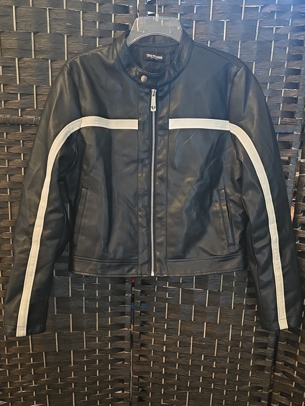 True Religion Black Cropped Biker Racer Jacket White Stripe, Possible Large